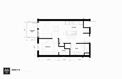Floor plan for 1 bed, 1 bath, 618 sqft
